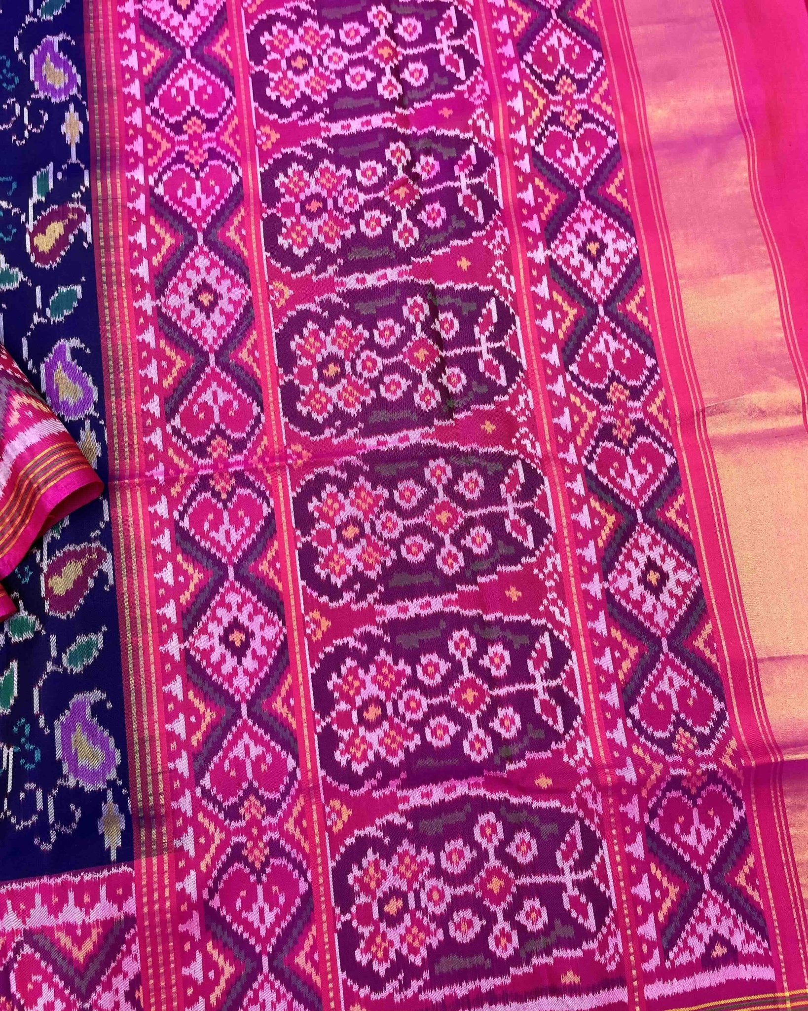 Pink & Blue Fancy Leaves Patola Saree - SindhoiPatolaArt