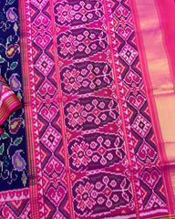 Pink & Blue Fancy Leaves Patola Saree - SindhoiPatolaArt