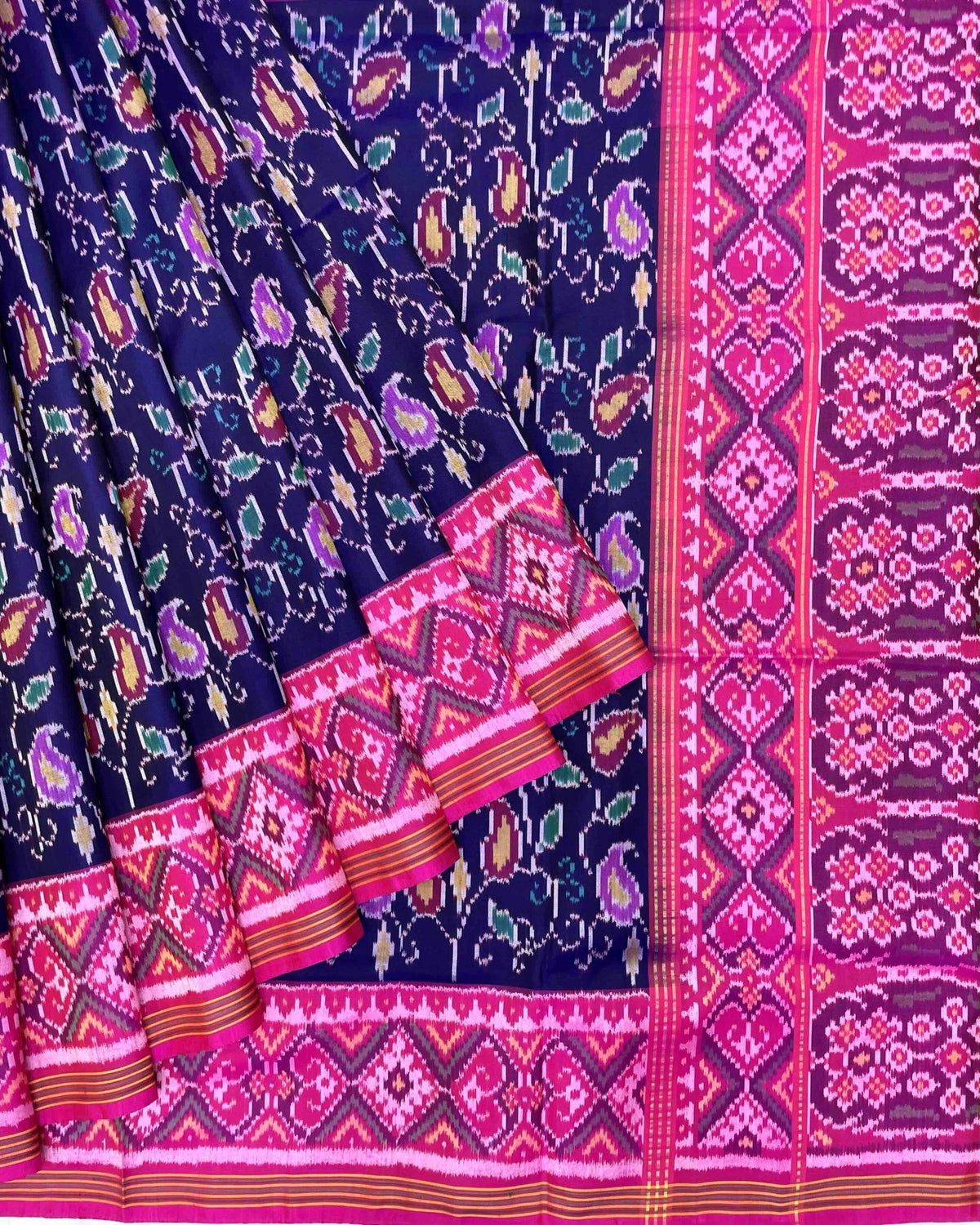 Pink & Blue Fancy Leaves Patola Saree - SindhoiPatolaArt