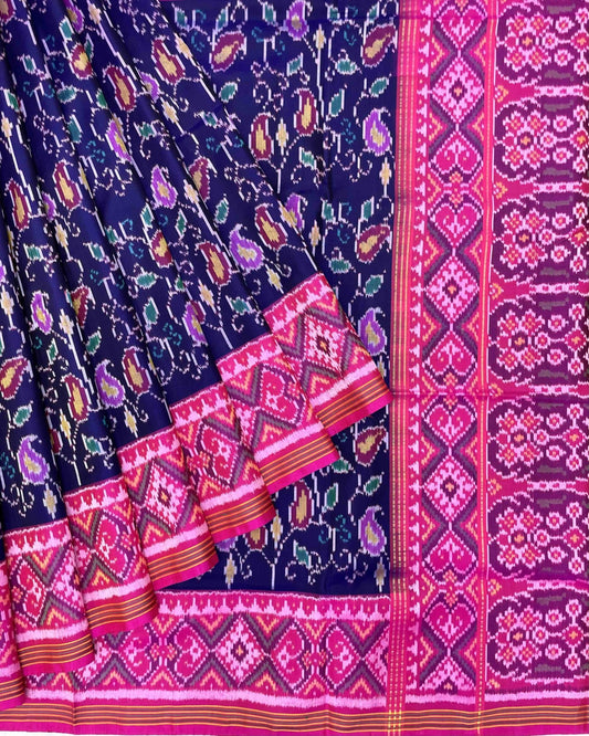 Pink & Blue Fancy Leaves Patola Saree - SindhoiPatolaArt