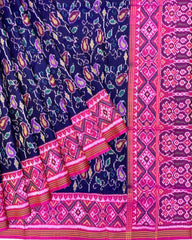 Pink & Blue Fancy Leaves Patola Saree - SindhoiPatolaArt