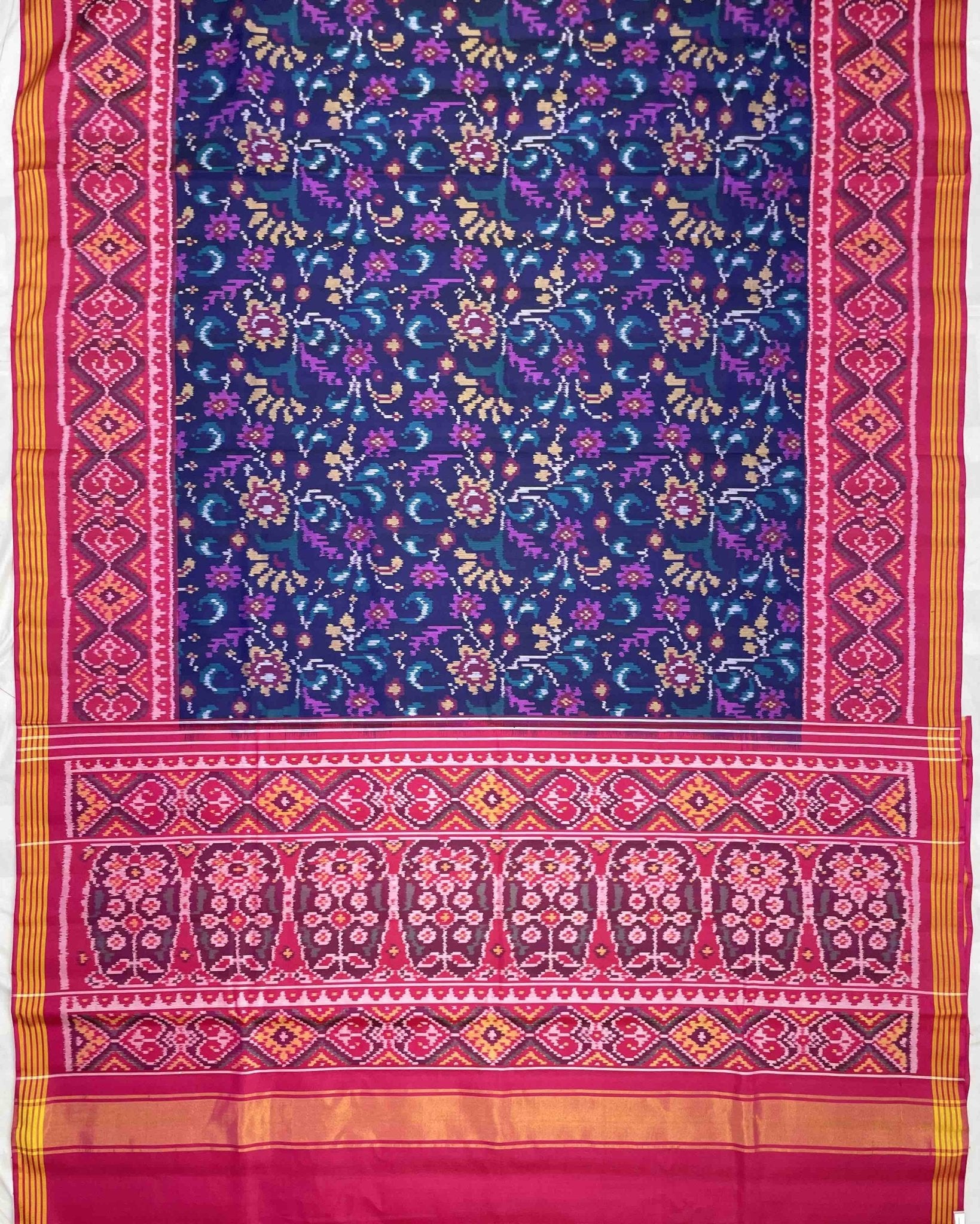 Pink & Blue Leaves Flower Patola Saree - SindhoiPatolaArt