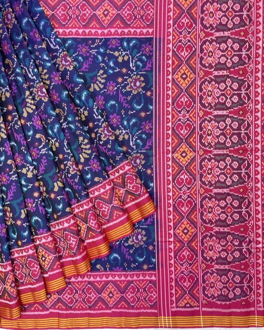 Pink & Blue Leaves Flower Patola Saree - SindhoiPatolaArt