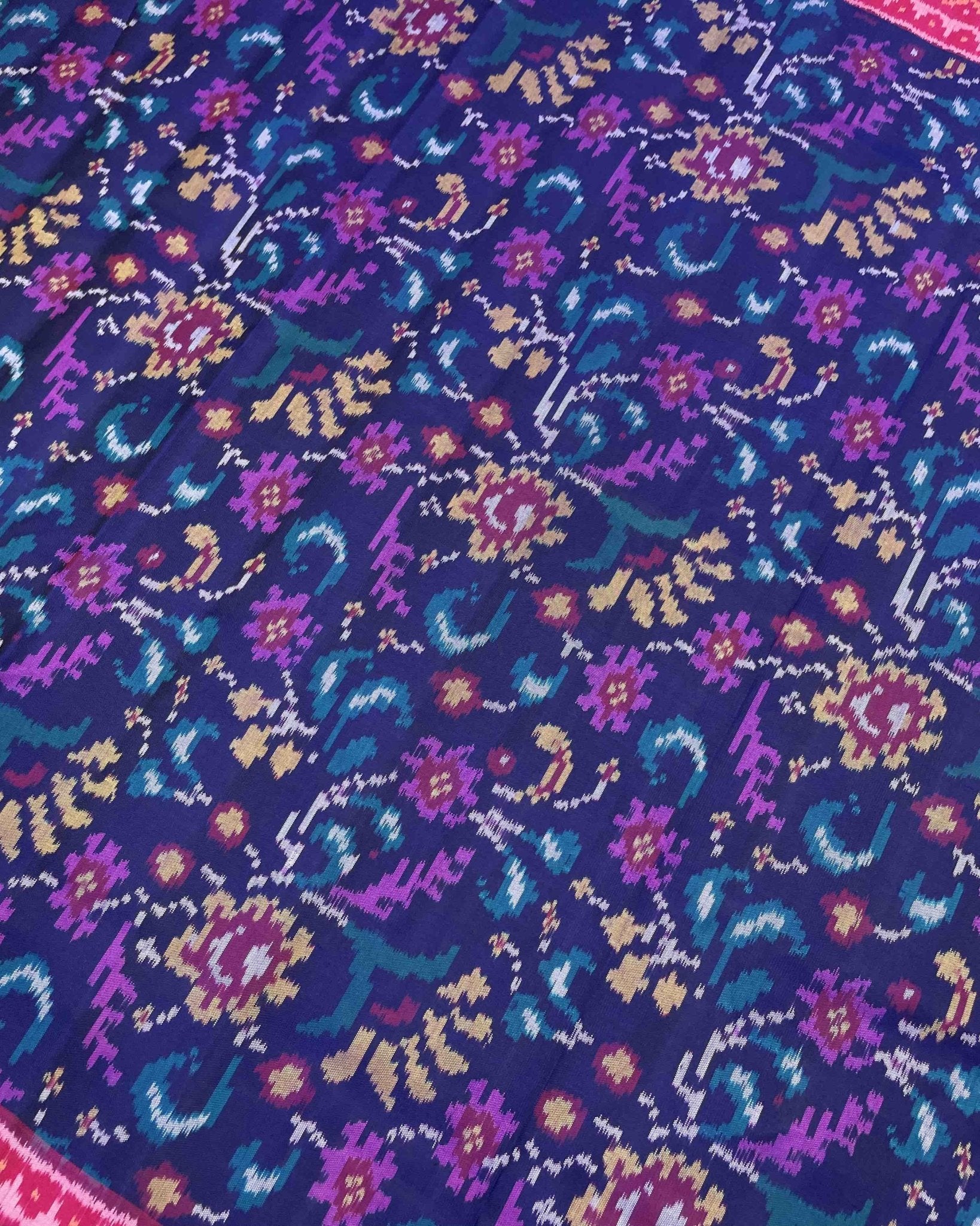 Pink & Blue Leaves Flower Patola Saree - SindhoiPatolaArt