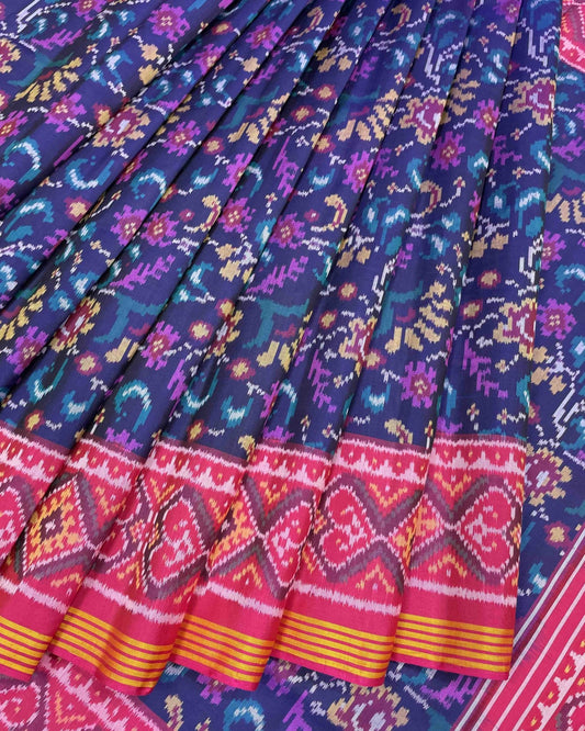 Pink & Blue Leaves Flower Patola Saree - SindhoiPatolaArt