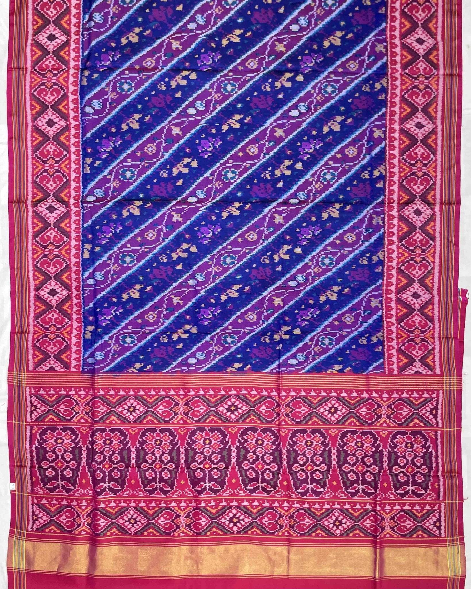 Pink & Blue Leaves Leheriya Patola Saree - SindhoiPatolaArt