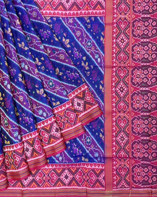 Pink & Blue Leaves Leheriya Patola Saree - SindhoiPatolaArt