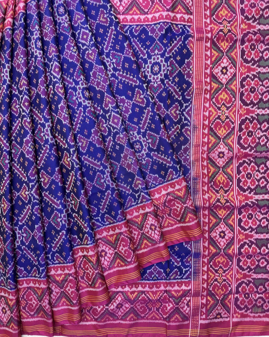 Pink & Blue Manekchowk Semi Double Ikat Patola Saree - SindhoiPatolaArt
