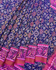 Pink & Blue Manekchowk Semi Double Ikat Patola Saree - SindhoiPatolaArt