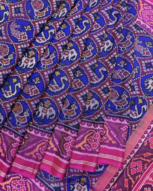 Pink & Blue Narikunj Circle Semi Double Ikat Patola Saree - SindhoiPatolaArt