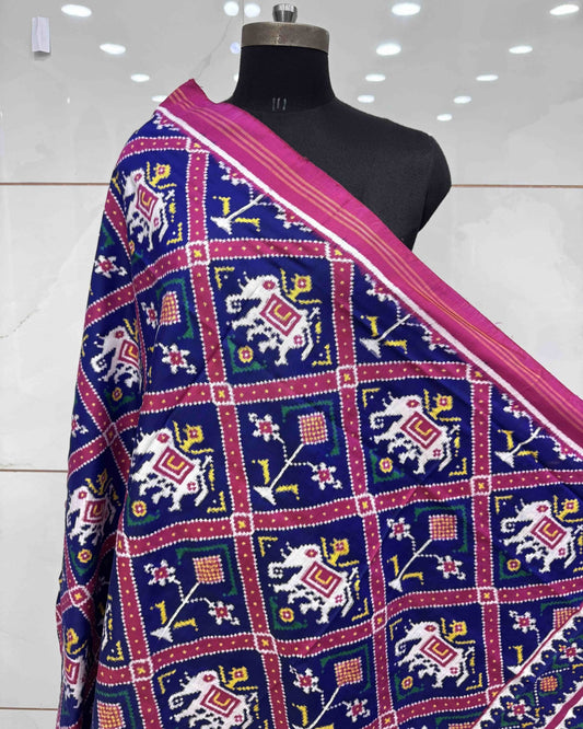 Pink & Blue Narikunj Double Ikat Patola Dupatta - SindhoiPatolaArt