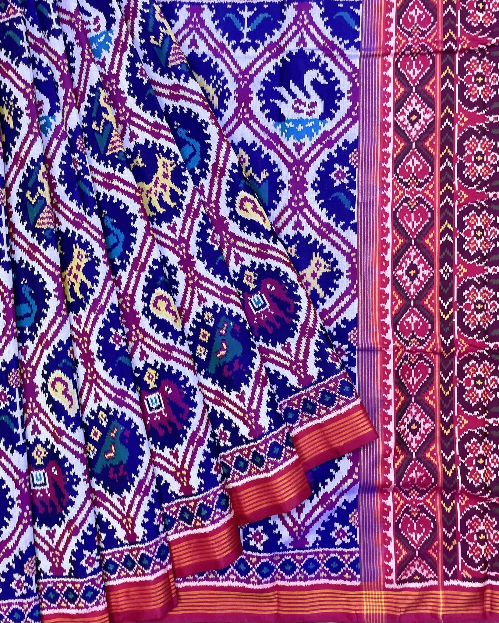 Pink & Blue Narikunj Patola Saree - SindhoiPatolaArt