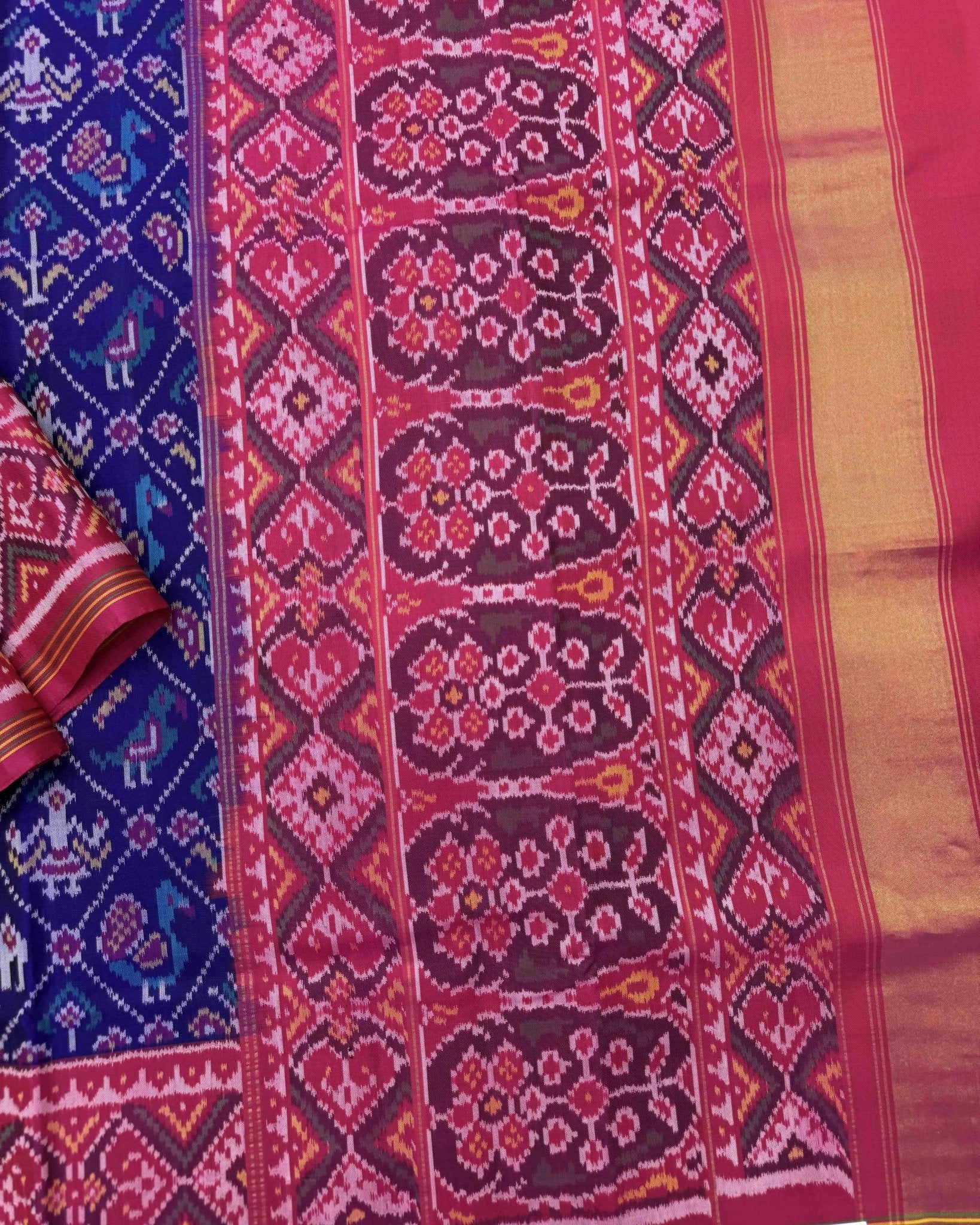 Pink & Blue Narikunj Semi Double Ikat Patola Saree - SindhoiPatolaArt