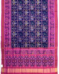 Pink & Blue Narikunj Semi Double Ikat Patola Saree - SindhoiPatolaArt