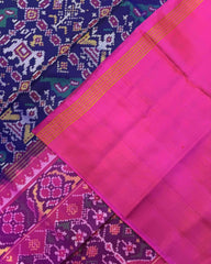 Pink & Blue Narikunj Semi Double Ikat Patola Saree - SindhoiPatolaArt