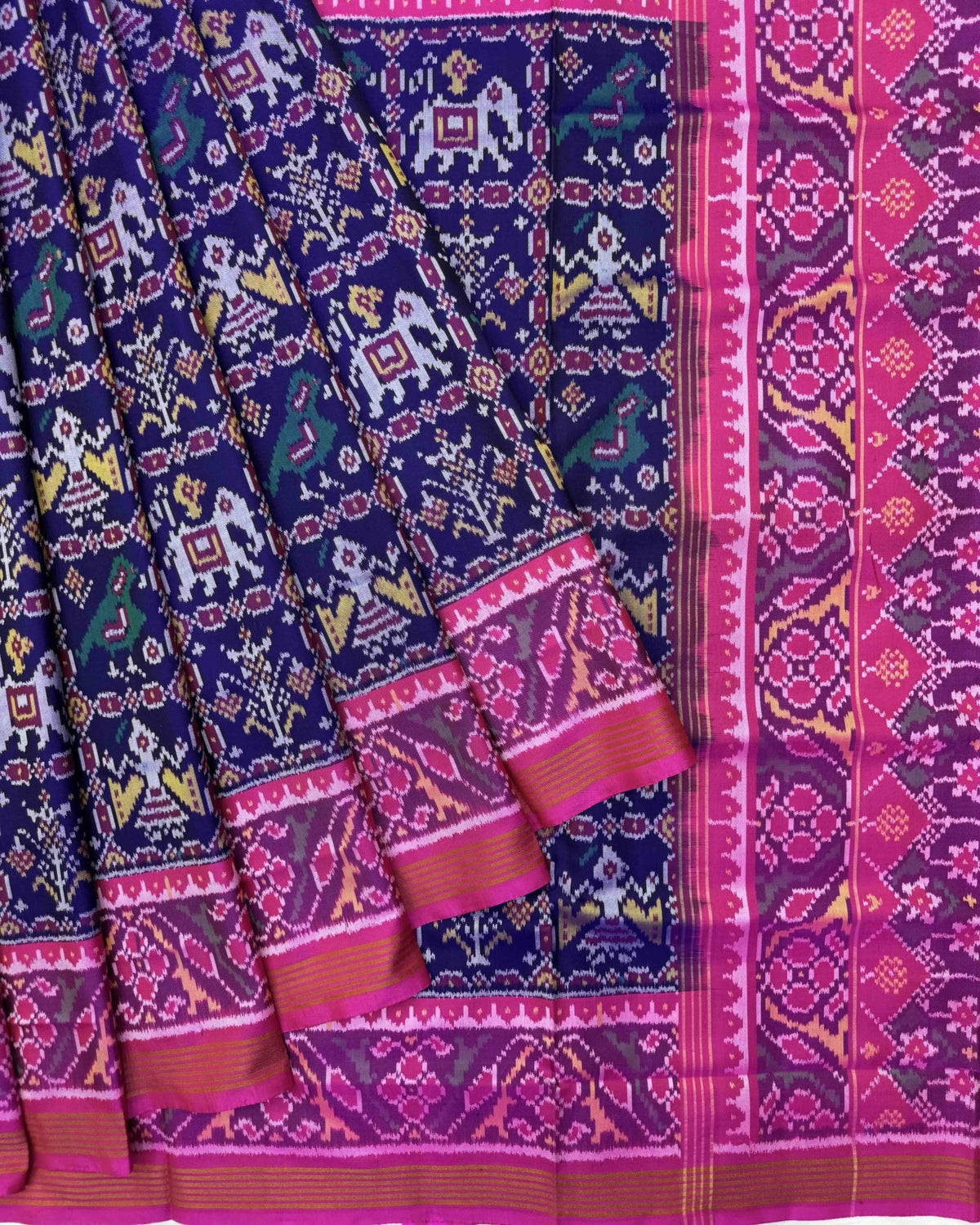 Pink & Blue Narikunj Semi Double Ikat Patola Saree - SindhoiPatolaArt