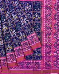 Pink & Blue Narikunj Semi Double Ikat Patola Saree - SindhoiPatolaArt