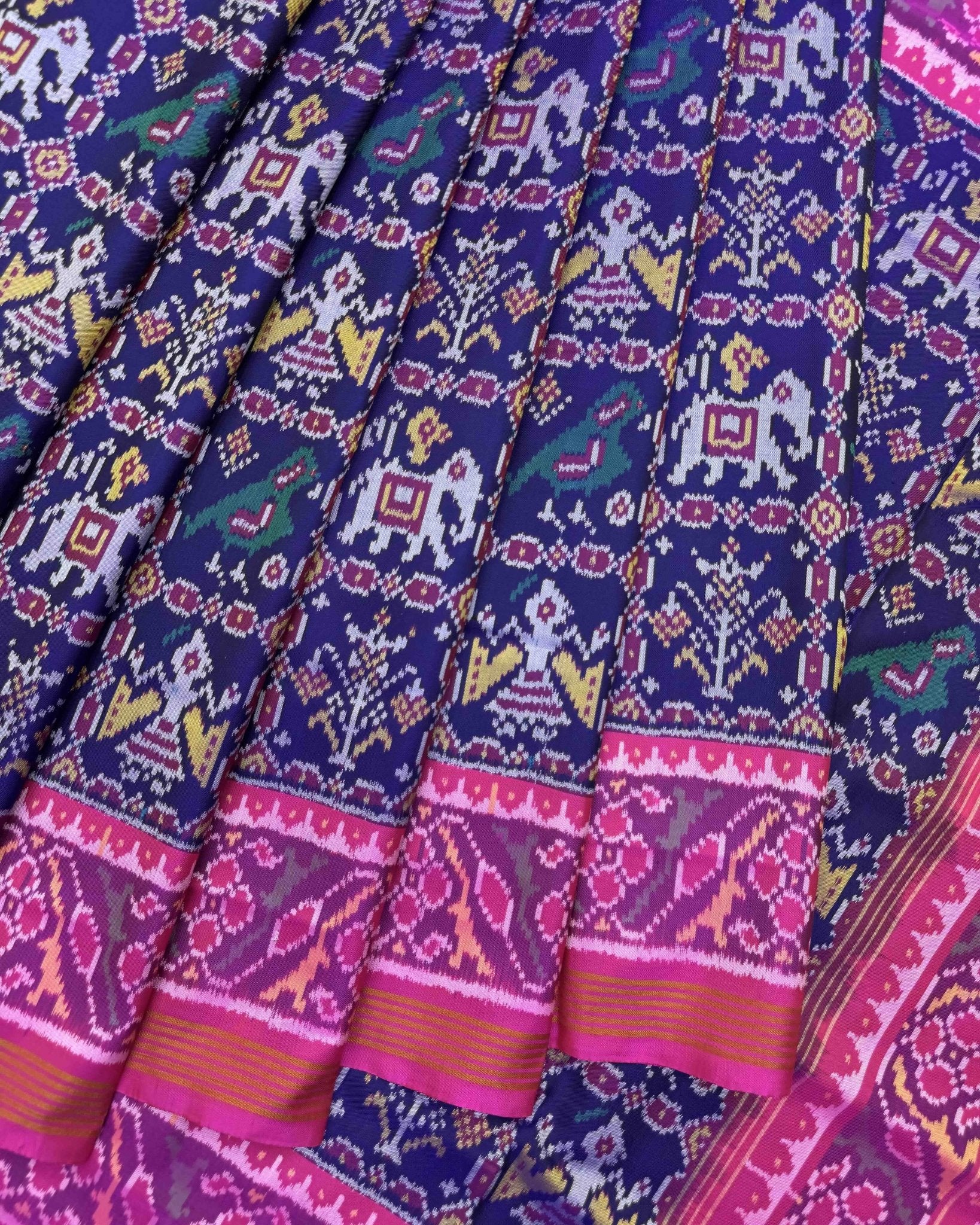 Pink & Blue Narikunj Semi Double Ikat Patola Saree - SindhoiPatolaArt