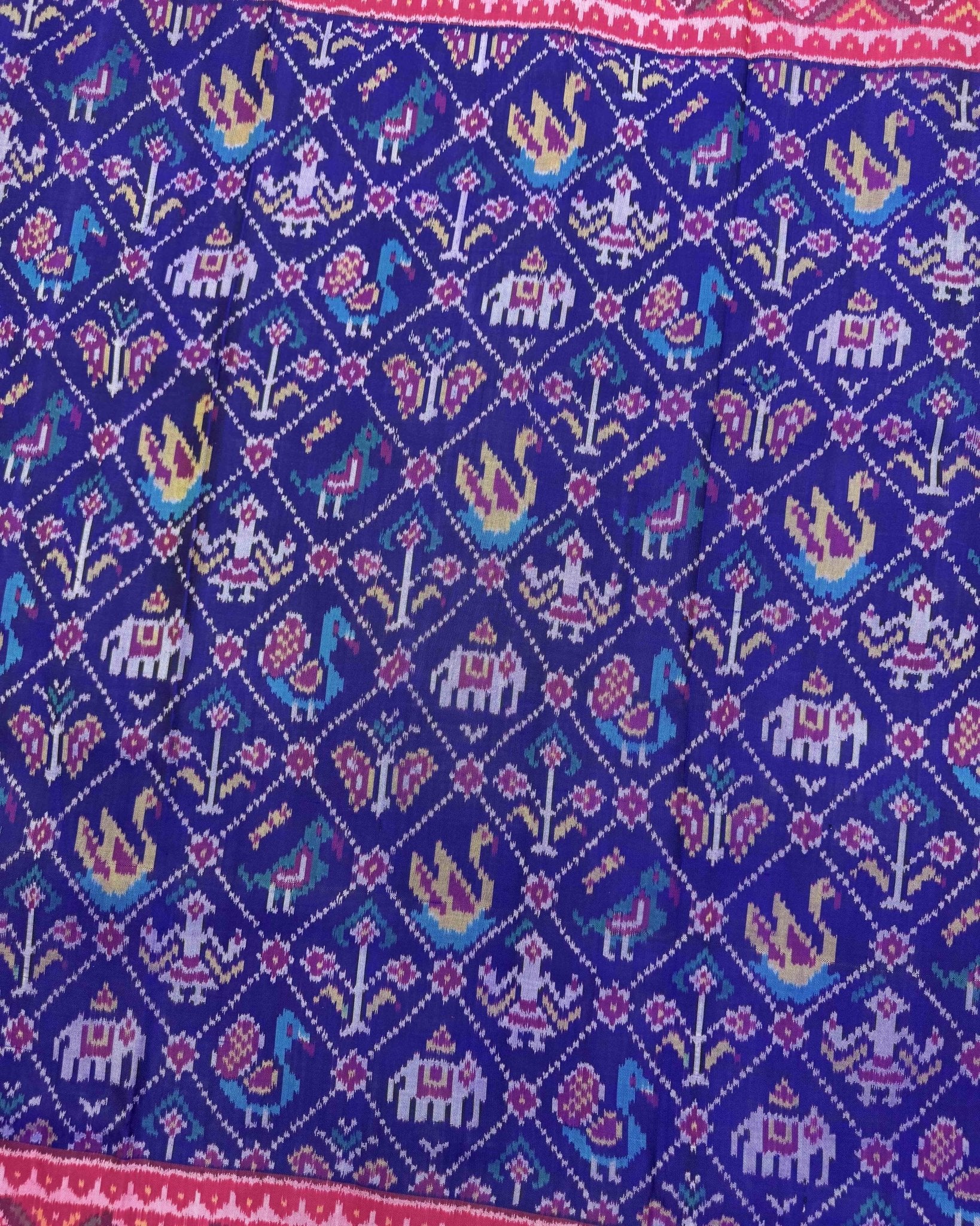 Pink & Blue Narikunj Semi Double Ikat Patola Saree - SindhoiPatolaArt