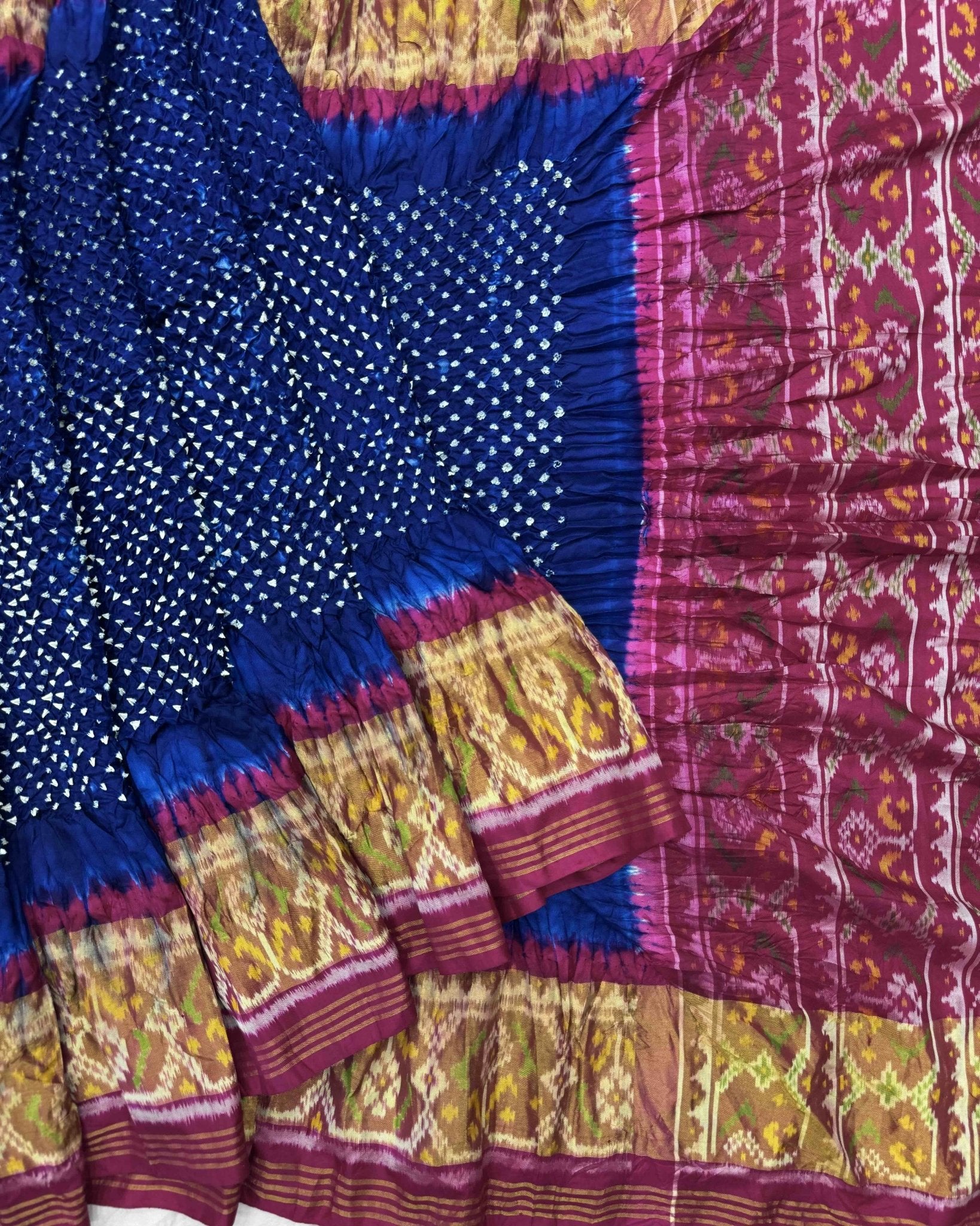 Pink & Blue Patola Bandhani Saree - SindhoiPatolaArt