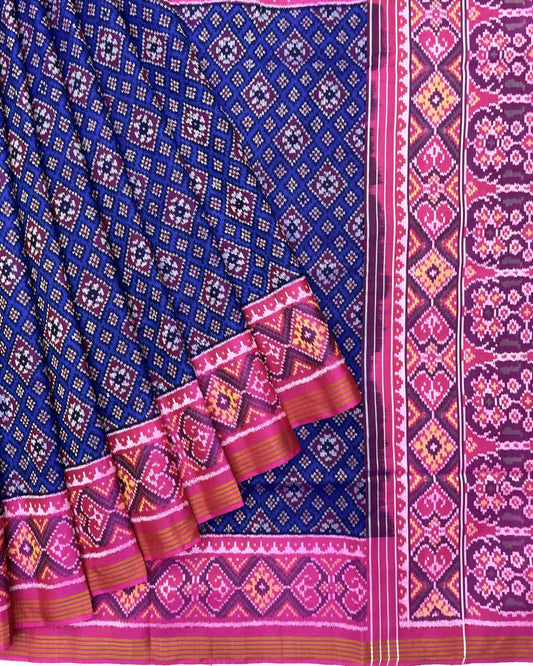 Pink & Blue Small Panchanda Patola Saree - SindhoiPatolaArt