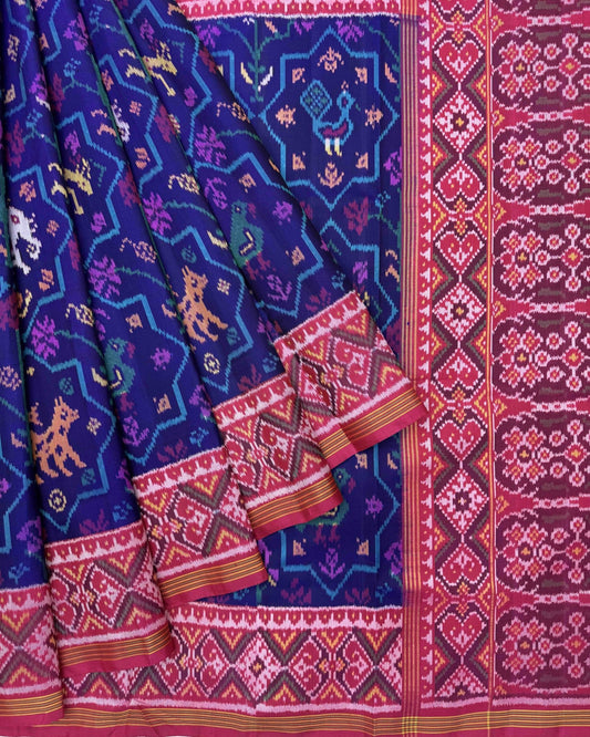 Pink & Blue Star Narikunj Patola Saree - SindhoiPatolaArt