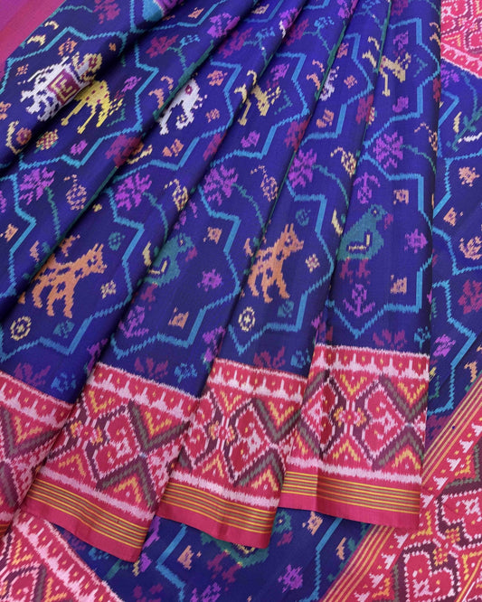 Pink & Blue Star Narikunj Patola Saree - SindhoiPatolaArt