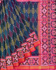 Pink & Blue with Multicolour Fancy Leave Patola Saree - SindhoiPatolaArt