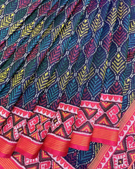 Pink & Blue with Multicolour Fancy Leave Patola Saree - SindhoiPatolaArt