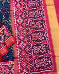 Pink & Blue with Multicolour Fancy Leave Patola Saree - SindhoiPatolaArt
