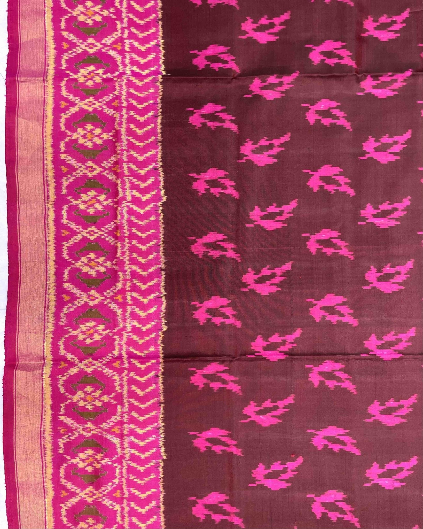 Pink & Brown Fancy Leaves Patola Saree - SindhoiPatolaArt