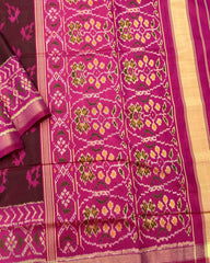 Pink & Brown Fancy Leaves Patola Saree - SindhoiPatolaArt