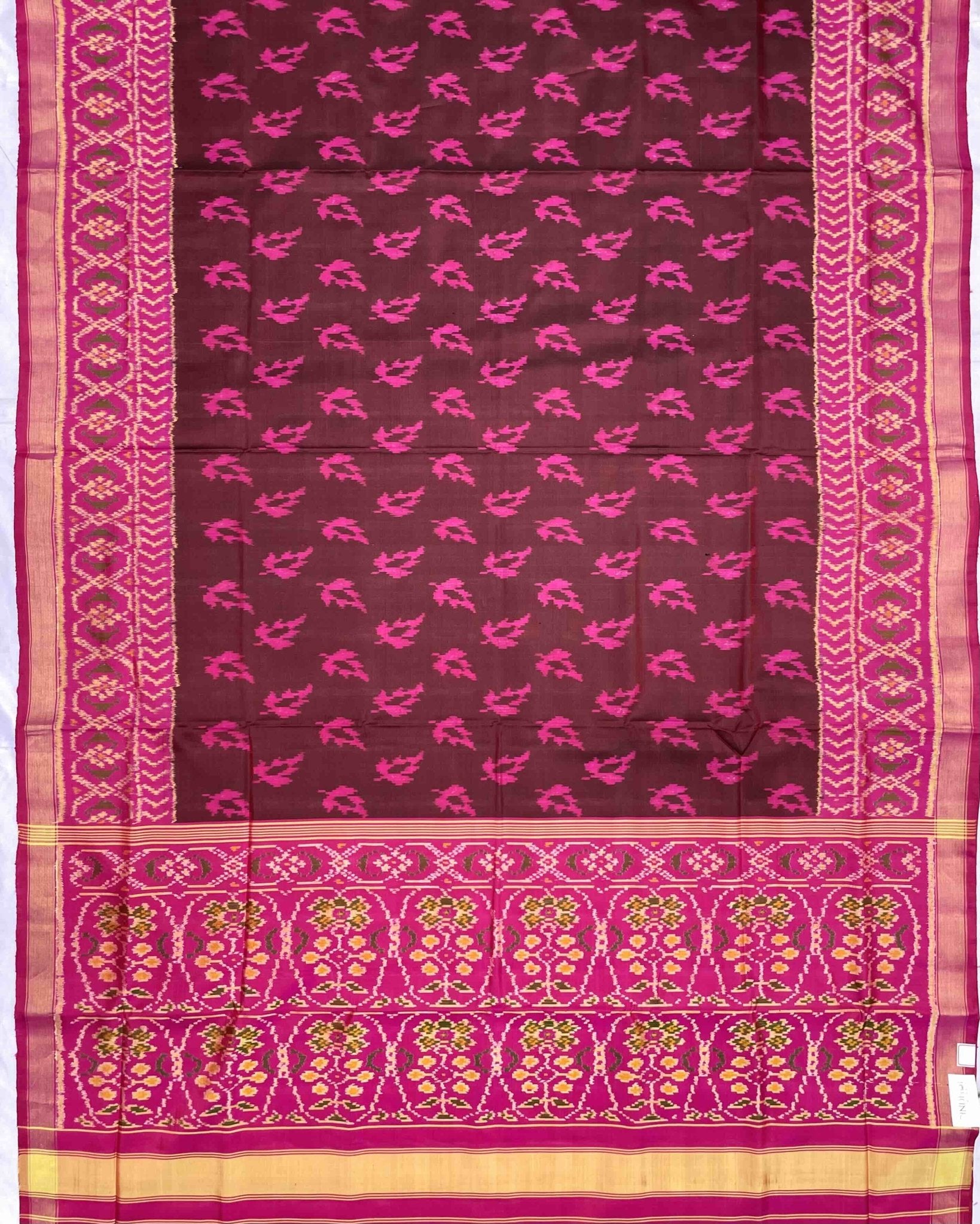 Pink & Brown Fancy Leaves Patola Saree - SindhoiPatolaArt