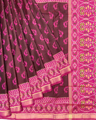 Pink & Brown Fancy Leaves Patola Saree - SindhoiPatolaArt