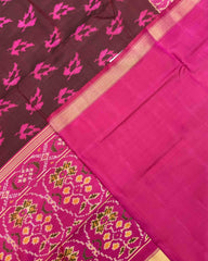 Pink & Brown Fancy Leaves Patola Saree - SindhoiPatolaArt