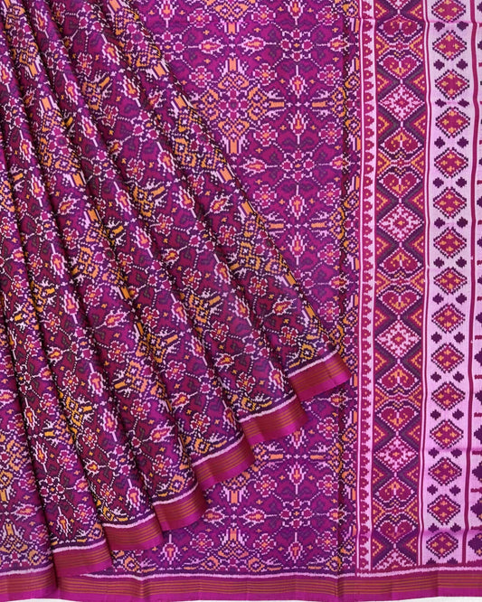 Pink Chhabdi New Design Semi Double Ikat Patola Saree - SindhoiPatolaArt