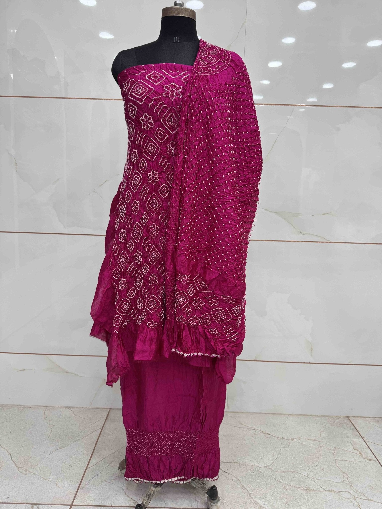 Pink Chiniya Silk Bandhani Dress Material - SindhoiPatolaArt