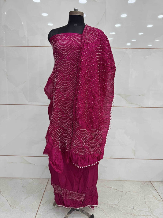 Pink Chiniya Silk Bandhani Dress Material - SindhoiPatolaArt
