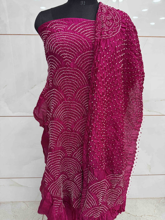 Pink Chiniya Silk Bandhani Dress Material - SindhoiPatolaArt