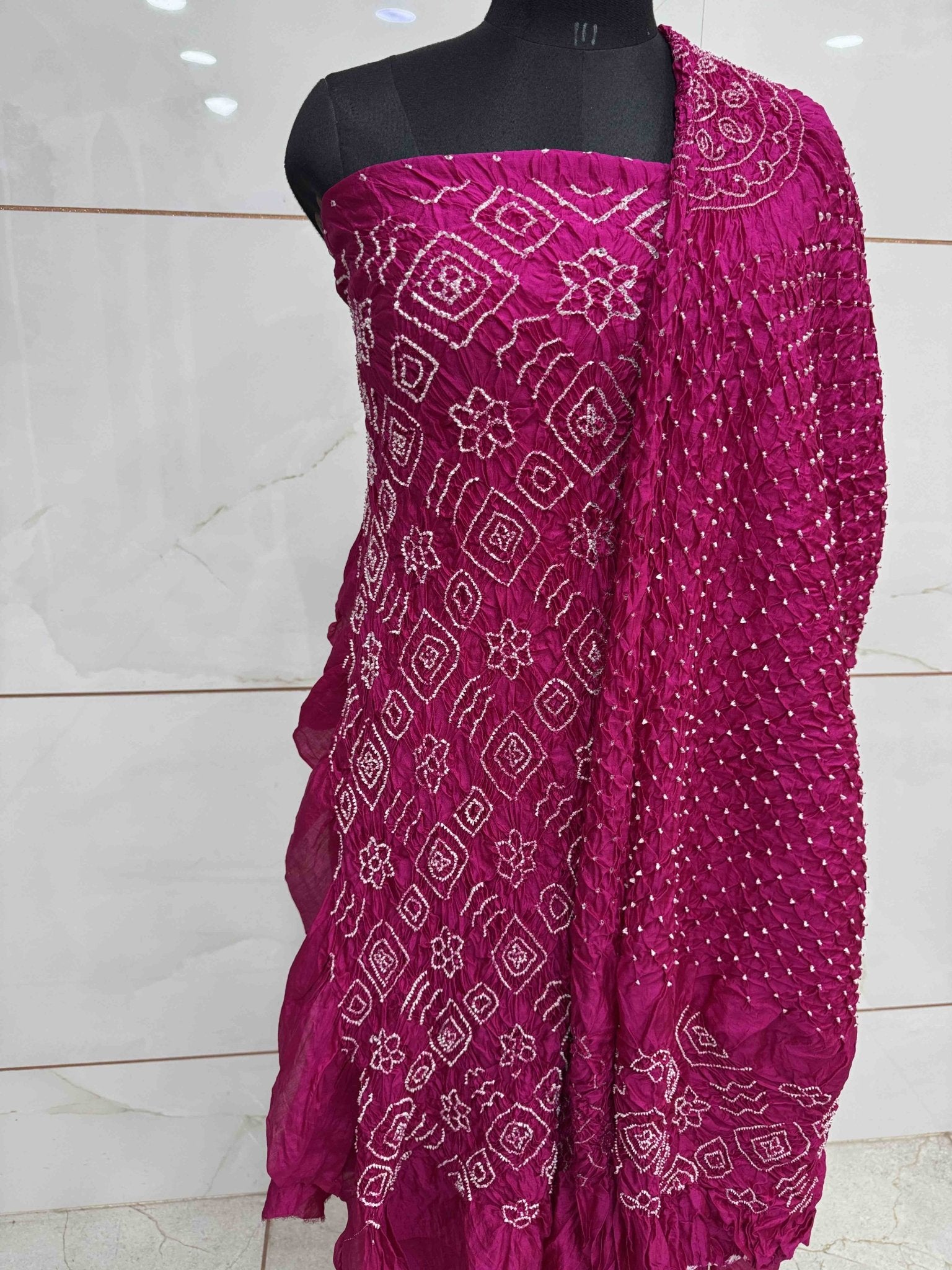 Pink Chiniya Silk Bandhani Dress Material - SindhoiPatolaArt