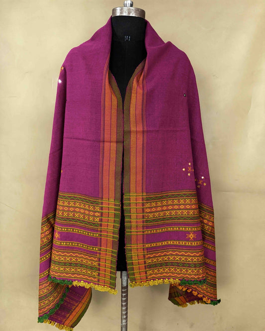Pink Chomukh Mirror Kutchi Woolen Shawl - SindhoiPatolaArt