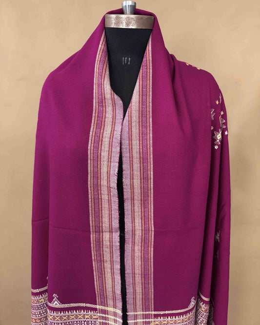 Pink Chomukh Mirror Kutchi Woolen Shawl - SindhoiPatolaArt