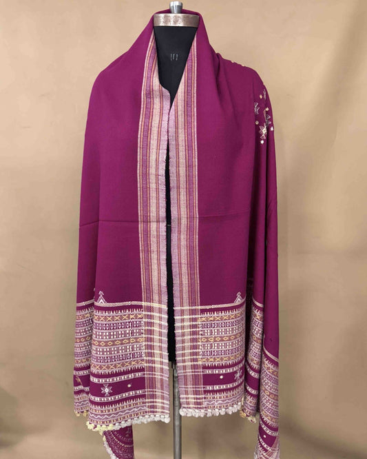 Pink Chomukh Mirror Kutchi Woolen Shawl - SindhoiPatolaArt