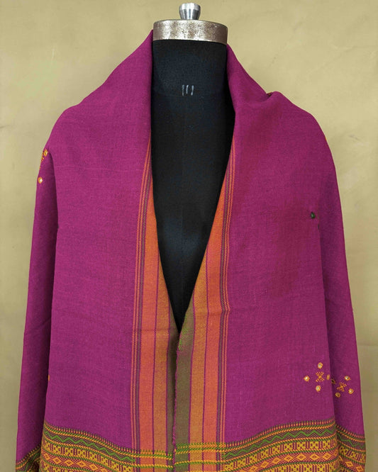 Pink Chomukh Mirror Kutchi Woolen Shawl - SindhoiPatolaArt