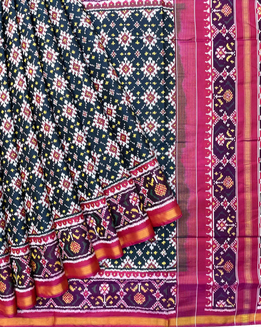 Pink & Dard Turquoise Buttonful Patola Saree - SindhoiPatolaArt
