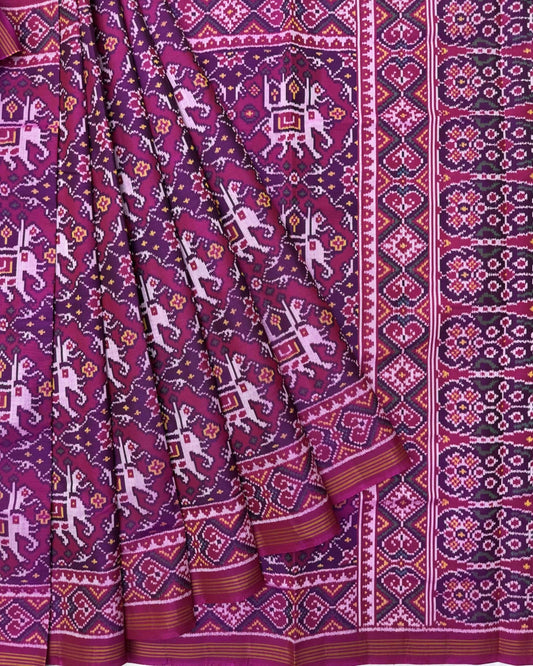 Pink Elephant Chhabdi Semi Double Ikat Patola Saree - SindhoiPatolaArt