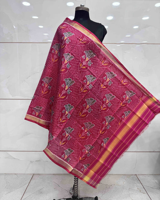Pink Fancy Flower Patola Dupatta - SindhoiPatolaArt
