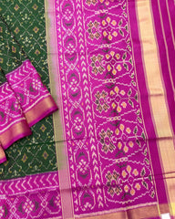 Pink & Green Buttonful Patola Saree - SindhoiPatolaArt