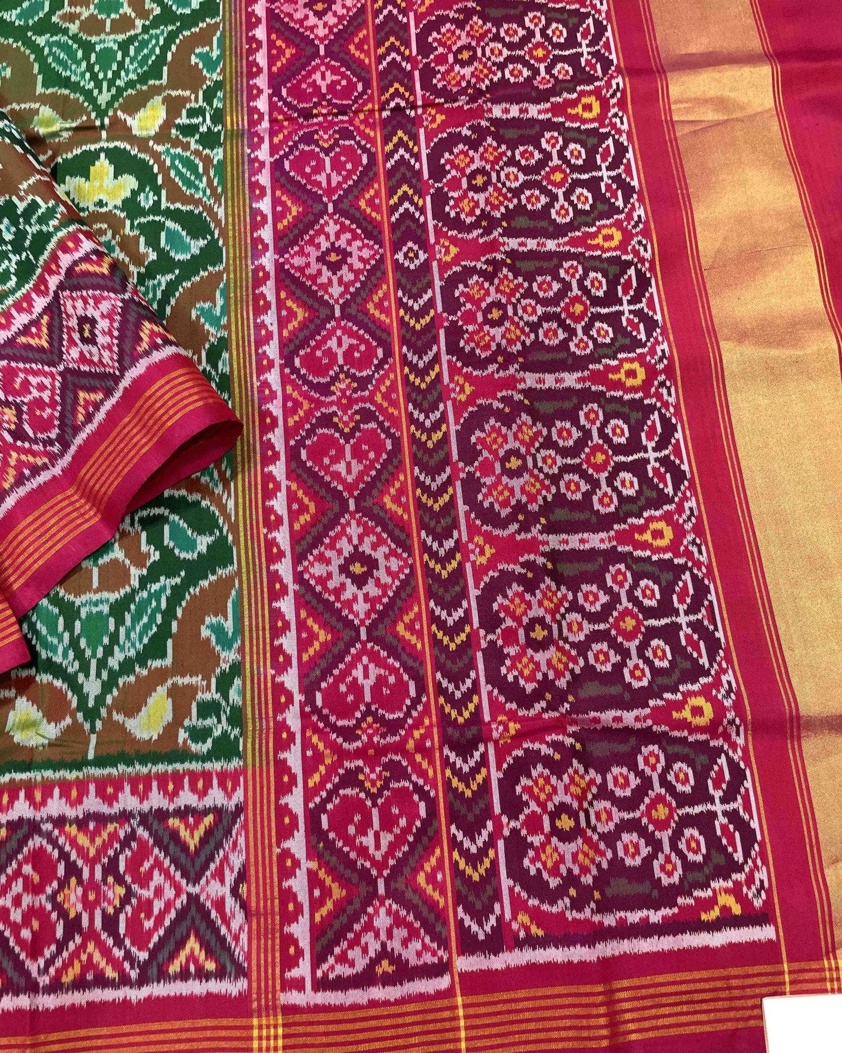 Pink & Green Flower Designer Patola Saree - SindhoiPatolaArt