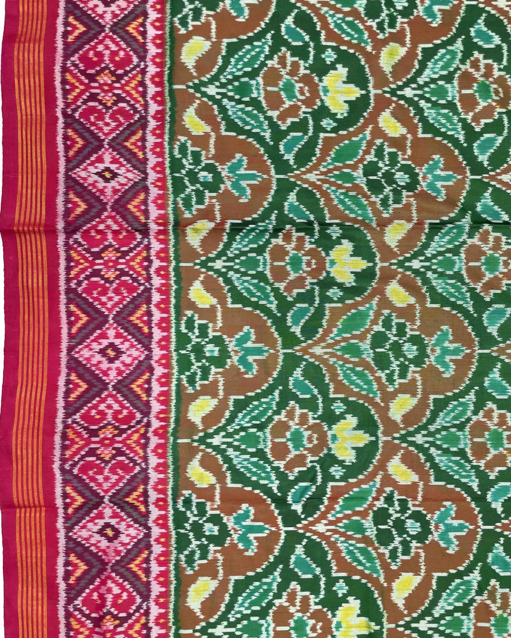 Pink & Green Flower Designer Patola Saree - SindhoiPatolaArt